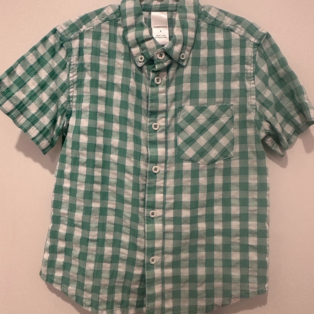 Nordstrom Green and White Gingham Short-Sleeve Button-Down Shirt